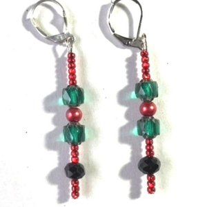 Green And Red Hand Crafted Dangle Beaded Earrings About 2" By London